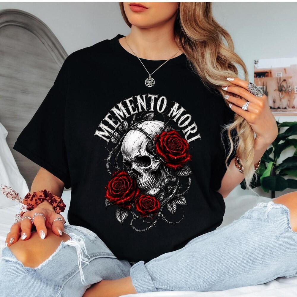Memento Mori Skull With Red Rose T-Shirt, Gothic Tee